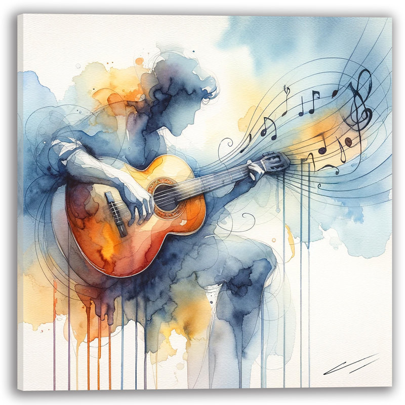 Guitare, aquarelle - sans cadre, reproduction sur toile, H 12 po x l 12 po x P 1 po