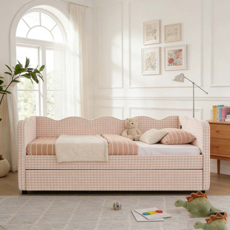 Lit de jour avec lit gigogne simple sans sommier, avec port USB et adorable forme de vague, Rose