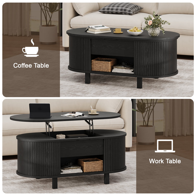 43.3'' W Oval Lift Top Coffee Table With Hidden Storage, Fluted Wood Center Table With Storage Compartment And Open Shelf