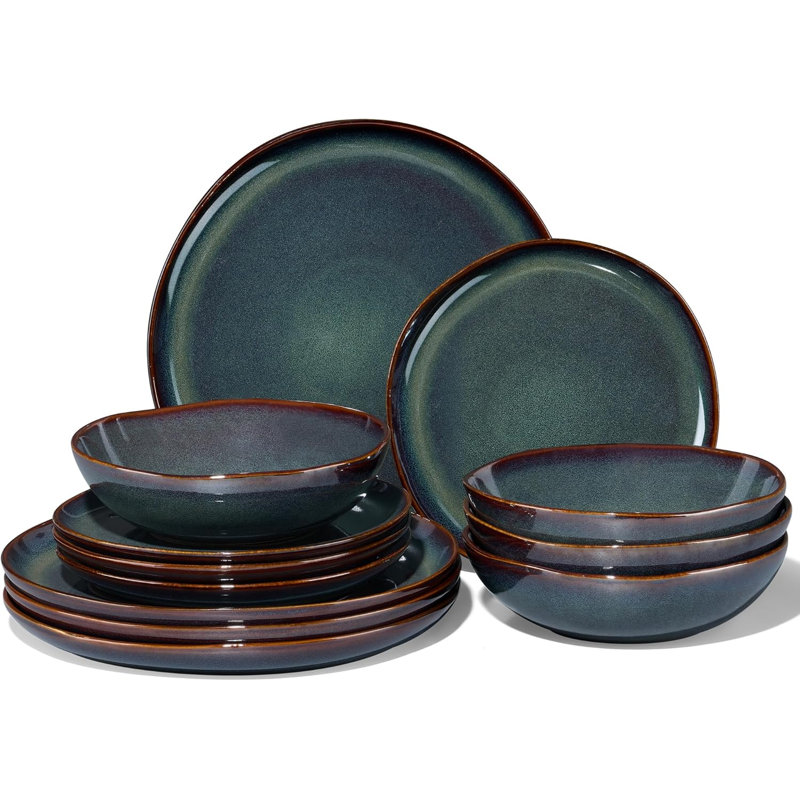 Stoneware Dinnerware - Service for 4, Blackish Green