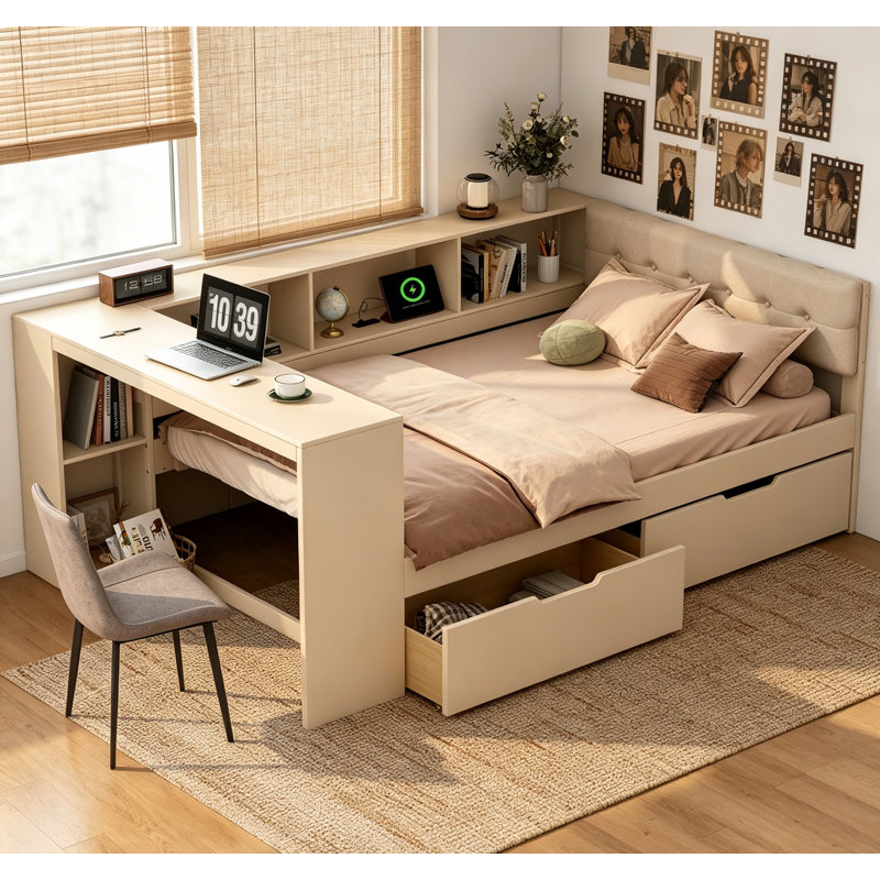 Lit plateforme en bois pleine grandeur avec tablettes de rangement, tiroirs, station de charge et tête de lit tapissier, crème
