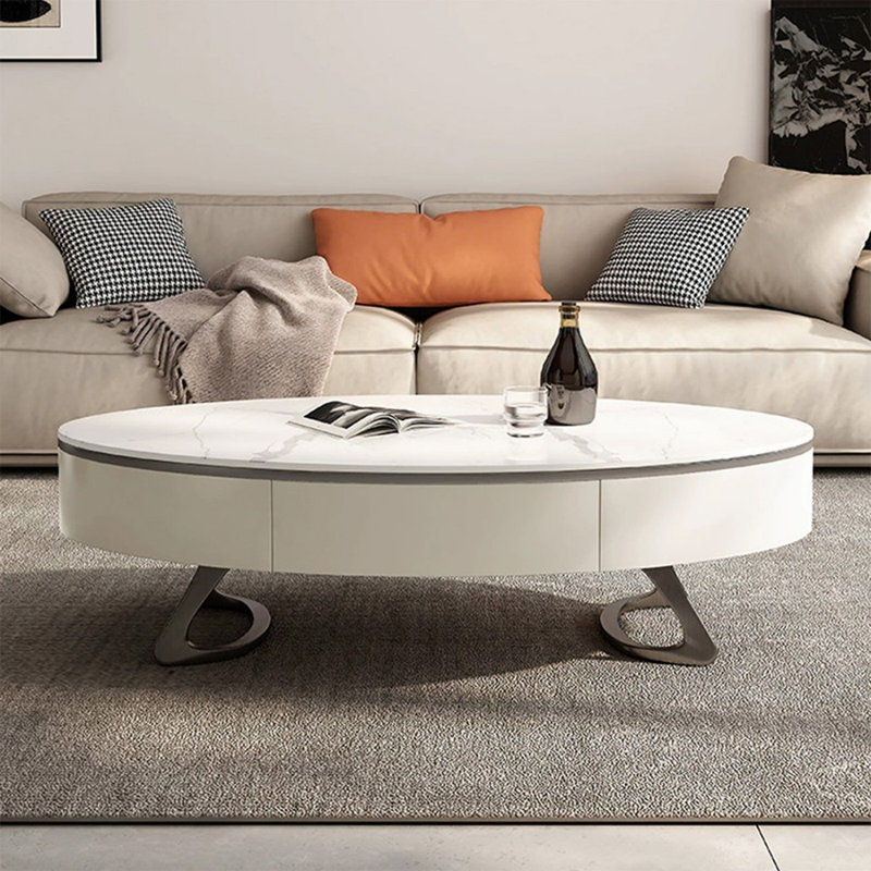 Table basse ovale en acier inoxydable, Blanc, H 15,75 po x L 43,31 po x l 27,56 po
