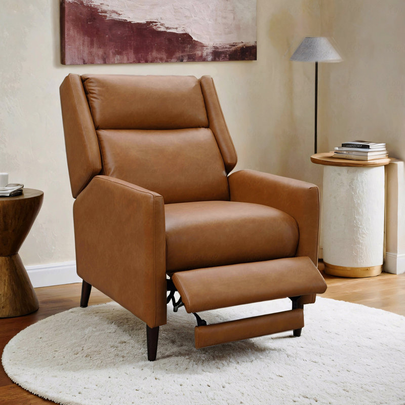 Brown Finish Mid-Century Modern Pushback Manual With Recliner Function Tapered Legs Linen Fabric Upholstered Textured Fabric Upholstered High Back Subtle Channel Detail Primary Living Room