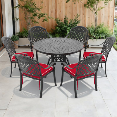 Ensemble de 7 pièces de mobilier de patio en aluminium coulé avec cadre noir et coussins de siège rouges