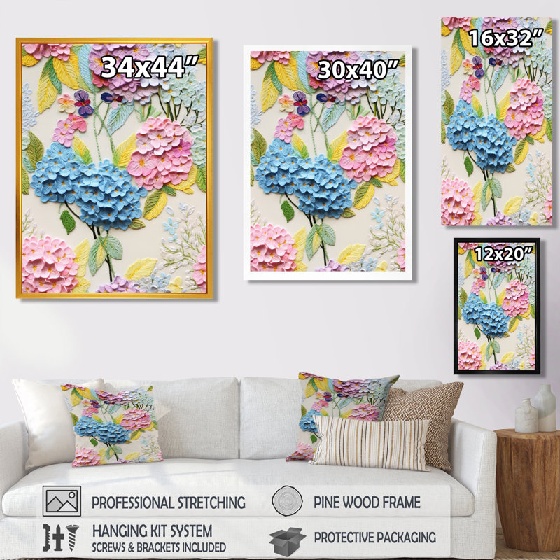 Fleurs d'hortensia bleu pastel vibrant - rose, H 40 po x l 30 po, Cadre flottant doré, bois massif