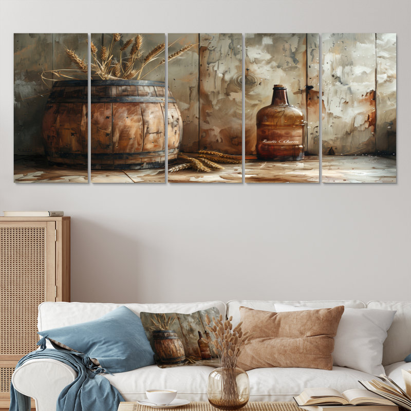 Floral rustique tonneau charme II - ensemble de reproduction d'art mural rustique, H 32 po x l 80 po