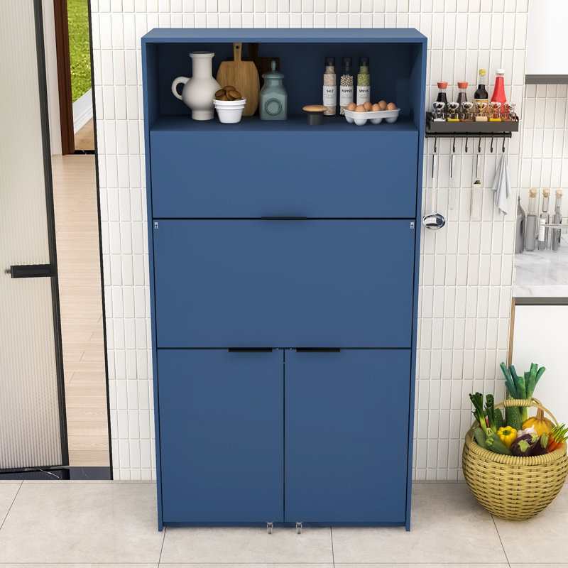 Armoire de cuisine moderne avec portes rabattables, station de charge intégrée et tablette réglable, Bleu très foncé