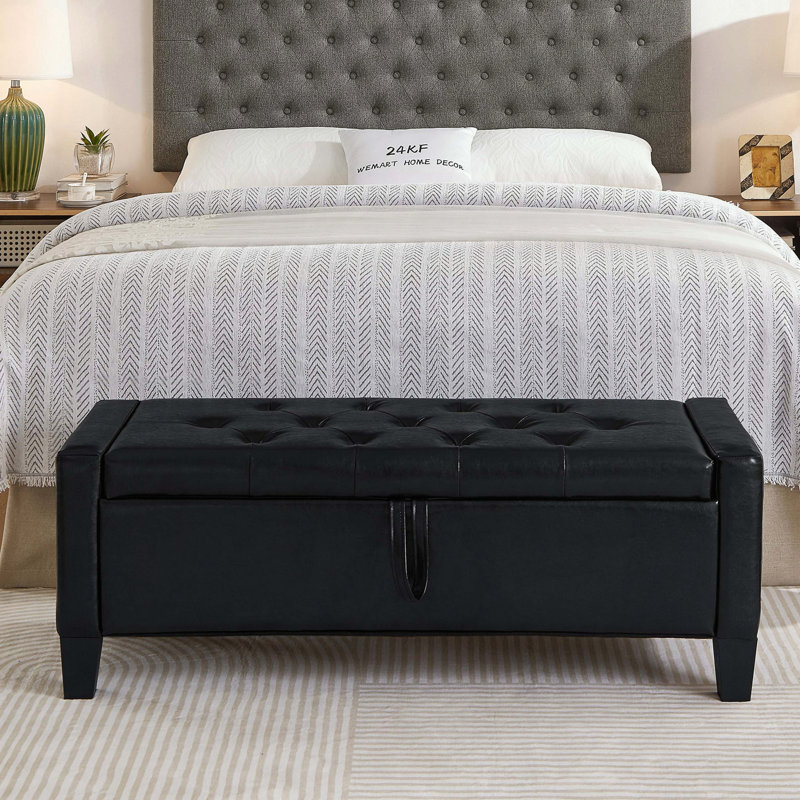 Banc en lin capitonné avec rangement, Noir