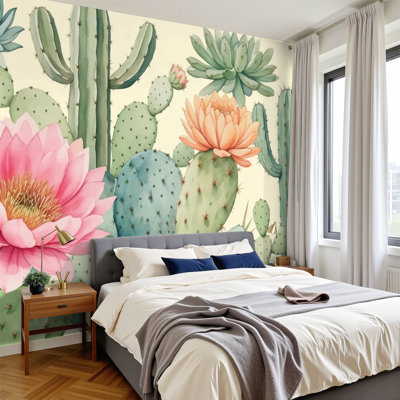 Nature Peel and Stick Wallpaper Cactus Western Desert Botanical Green Pink Cactus Varieties Blooming Wall Murals 100"H x 144"W Removable PVC Wall Paper Self-Adhesive Wall Decor for Bedroom Living Room Home Office