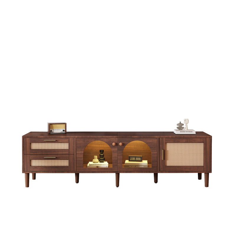 Rattan TV Stand With 3 Cabinets & 2 Drawers Media Console Table Tvs Up To 80'', LED Entertainment Center TV Cabinet