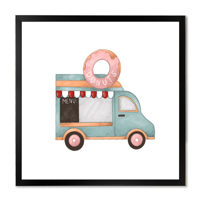 Art rétro sur toile, Donut Van Kiosk, Cadre photo noir, H 16 po x l 16 po x P 1 po