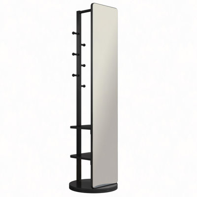 360° Rotating 66"X14" Multifunctional Full Length Mirror With Hook Storage Rack Coat Rack With Mirror Solid Wood Floor Mirror Bedroom Living Room Cloakroom Space Saving