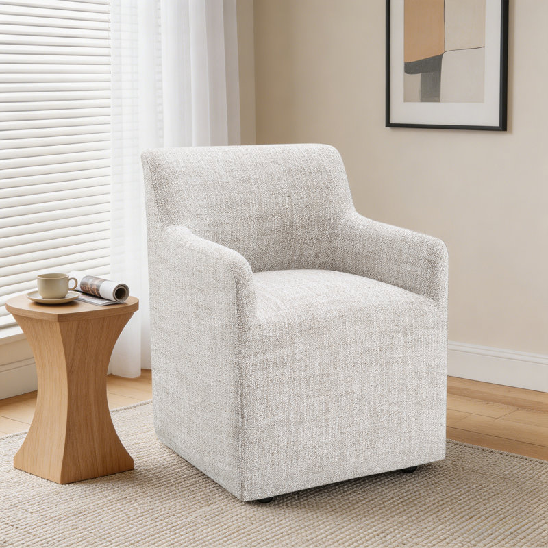 Upholstered Dining Chairs With Casters, Fully Assembled Barrel Back Armchair, Solid Wood Accent Vanity Chair For Dining Room Living Room