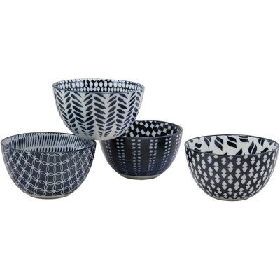 Ensemble de 4 bols en porcelaine Red Barrel Studio® de conception contemporaine symétrique de conception contemporaine de 5 po de diamètre 16 oz pour salade Ramen Pho soupe de céréales pour maison et cuisine (motifs bleus)