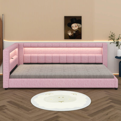 Modern Upholstered Platform Bed Frame With USB Ports,  Floor Sofa Day Bed With Storage Headboard