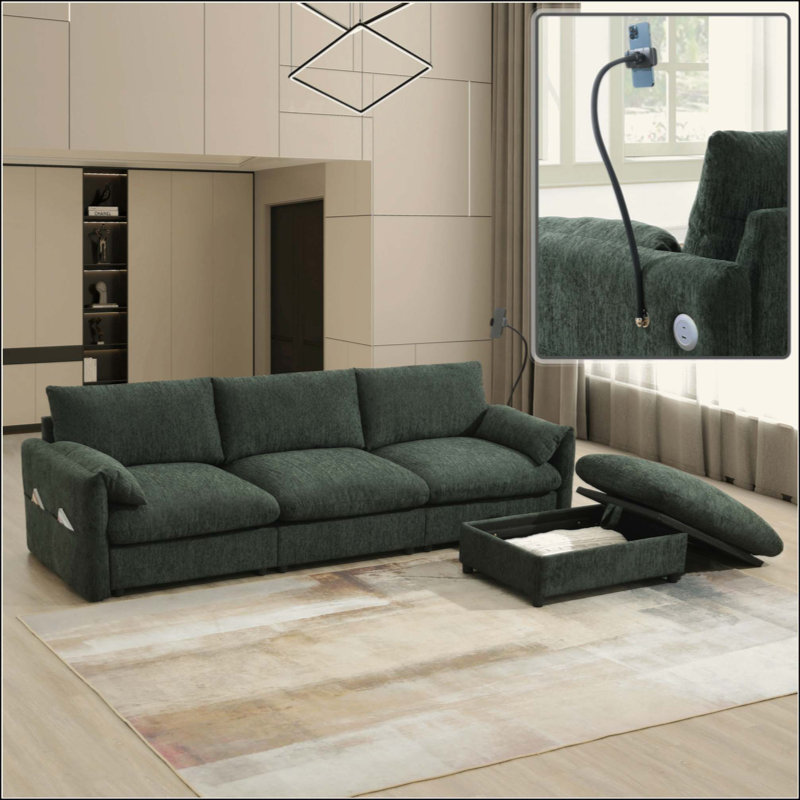 Canapé modulaire en L avec repose-pieds et poches de rangement, support de téléphone réglable, chargeur USB, accoudoirs éléphants en forme d'oreille, siège confortable pour le salon et appartement, chenille