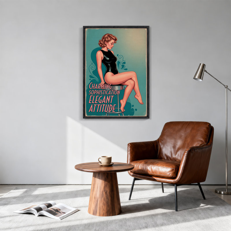 Femme pin-up rétro en justaucorps noir sur fond turquoise, tableau mural sur toile, H 24 po x l 18 po