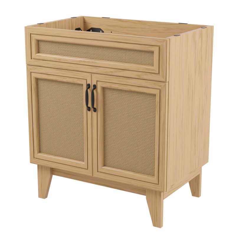 Base de meuble-lavabo autoportant en rotin de style bohémien à 2 tablettes Javer l 30 po x P 18 po x H 33 po (lavabo non inclus), chêne