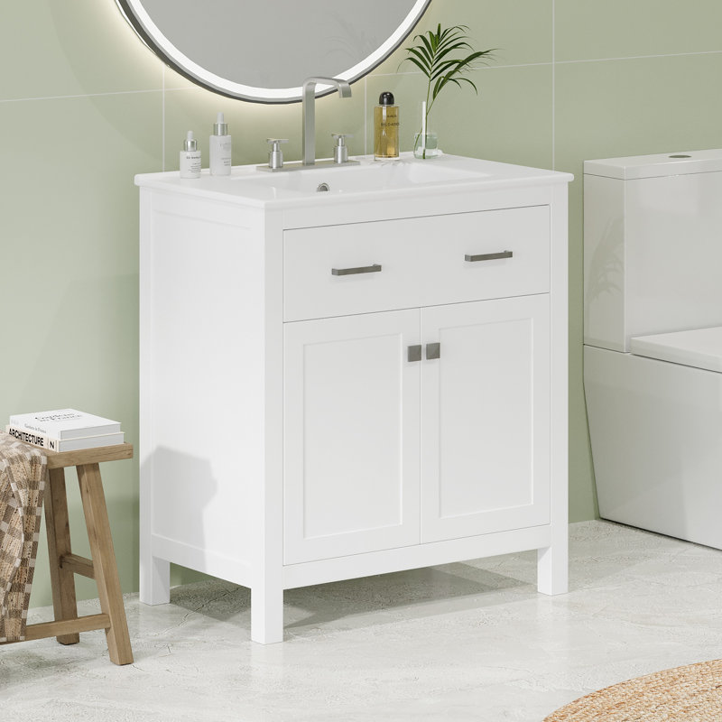Meuble-lavabo de 30 pouces avec lavabo en céramique, armoire de salle de bain simple blanche moderne avec 2 portes et une tablette, portes à fermeture en douceur