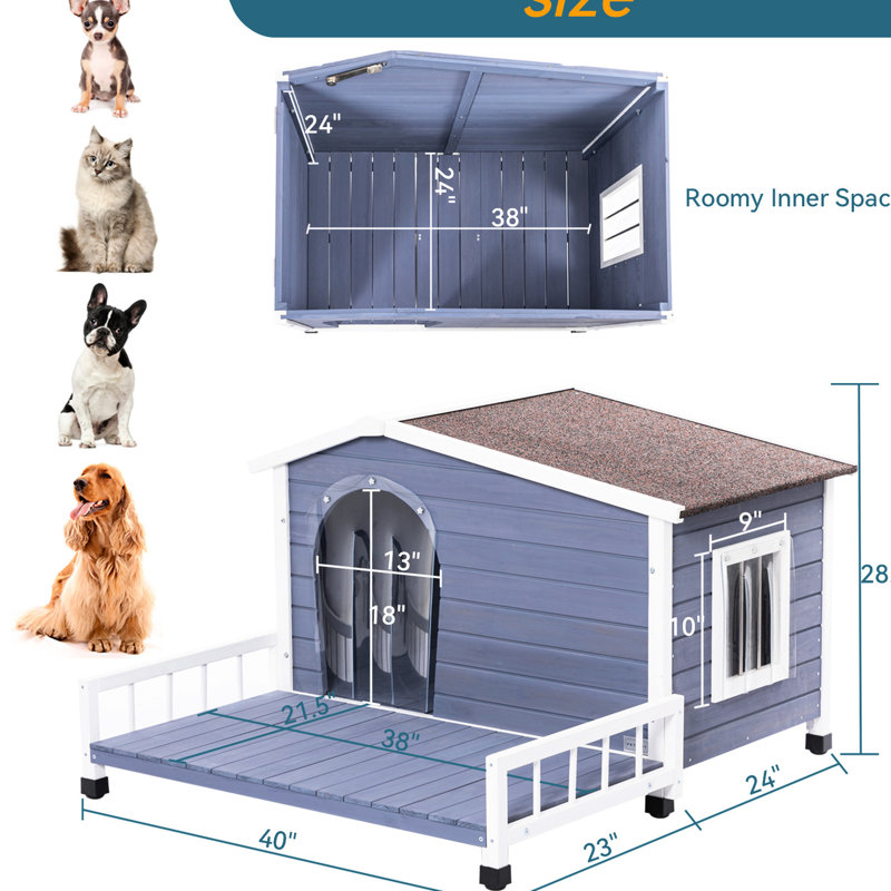 Niche pour chien en bois massif pour l'extérieur, convient aux petites et moyennes races avec grand plancher et surélevé, grandes tailles et fenêtres