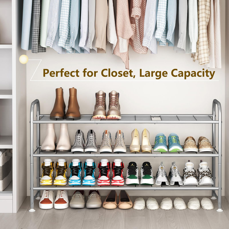 3 Tier Shoe Rack Made of Metal, Exquisitely Designed for Closets and Entryways, Grey