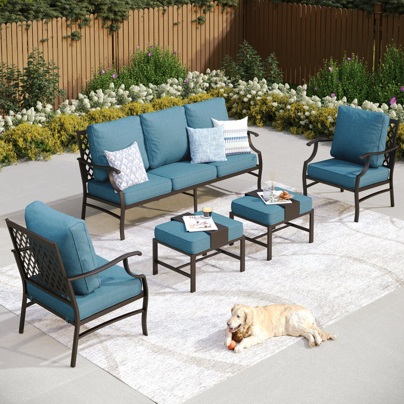 Asfand Outdoor Seating Group with Cushions, Denim Blue, No