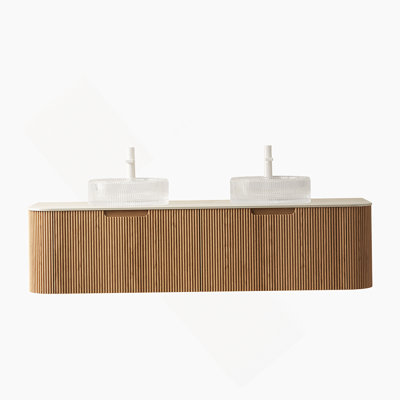 60 Inch Floating Bathroom Vanity With 2 Transparent Round Basins, Sintered Stone Top, And 3D Striped Storage Cabinet, Pre-Assembled, Natural Woodgrain