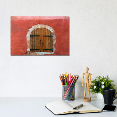 France, Provence, Roussillon. Wooden Shutters In Red Wall. by Jaynes Gallery - Wrapped Canvas Gallery-Wrapped Canvas Giclée
