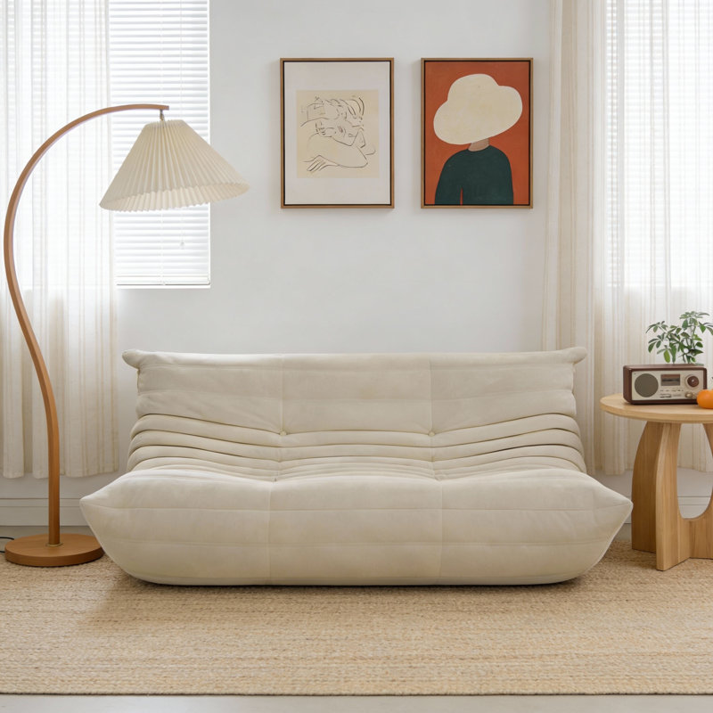 Oversized Curved Lounger in Beige Velvet, High-Density Foam, Vacuum Packed, 72cm H x 185cm W x 101cm D