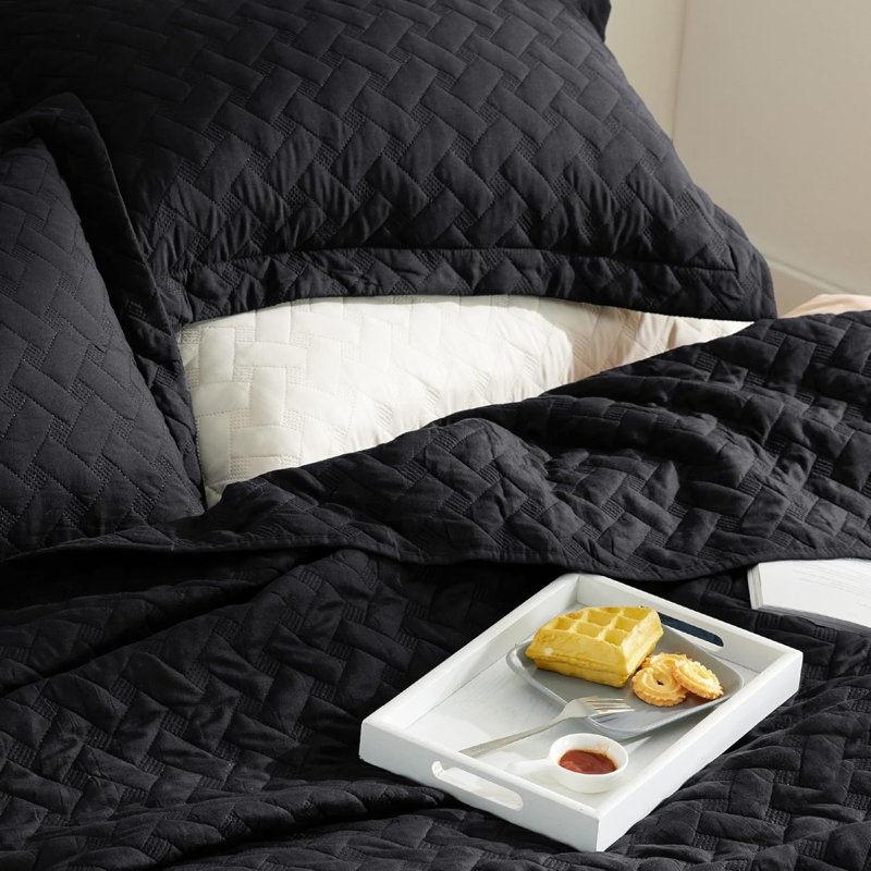 Quilts Lightweight Bedspreads with Basket Weave Pattern, Soft Quilt Bedding Set, Hazel Comforter Set Coverlet, Black