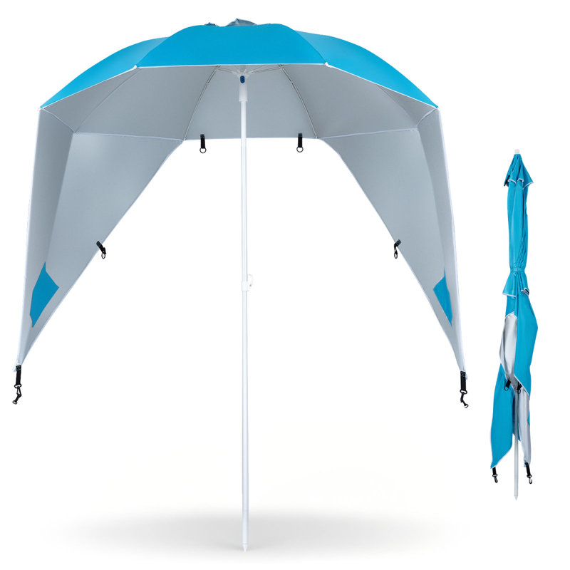 Parasol 2 en 1 avec 2 panneaux latéraux, ancrage sable, nervures en fibre de verre turquoise, Turquoise