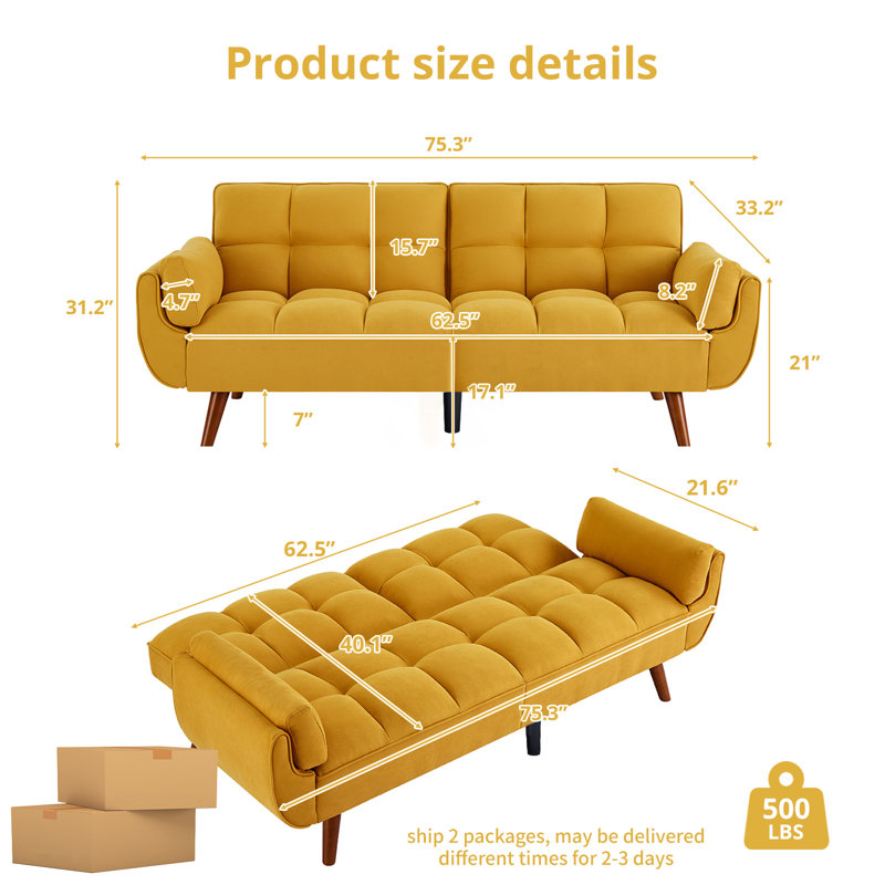 Tarantino Twin 75.3'' Upholstered Convertible Sofa, Yellow Linen