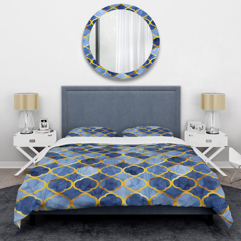 Ensemble de housse de couette moderne Blue Gold Modern Trellis Glam I, Housse de couette simple et deux taies décorative