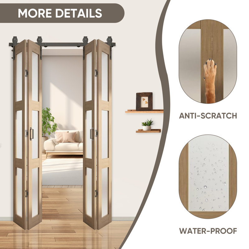 Porte en bois manufacturé en verre givré pliable 3-Lite avec trousse de quincaillerie d'installation, 48 po x 84 po, Brun