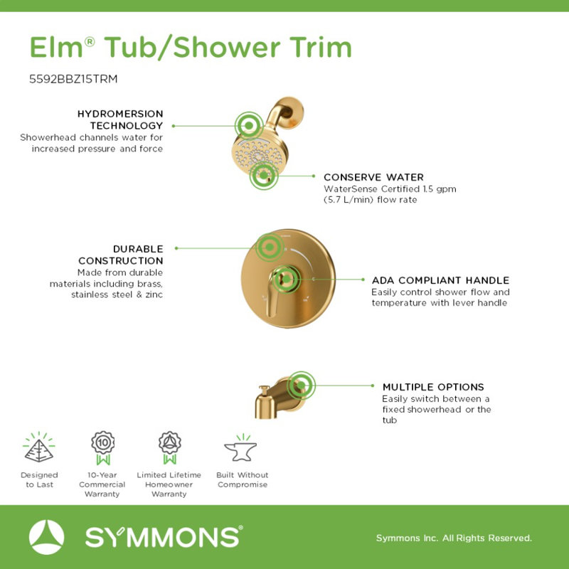 Elm Wall Mounted Tub and Shower Trim Kit with Diverter Lever, Bronze