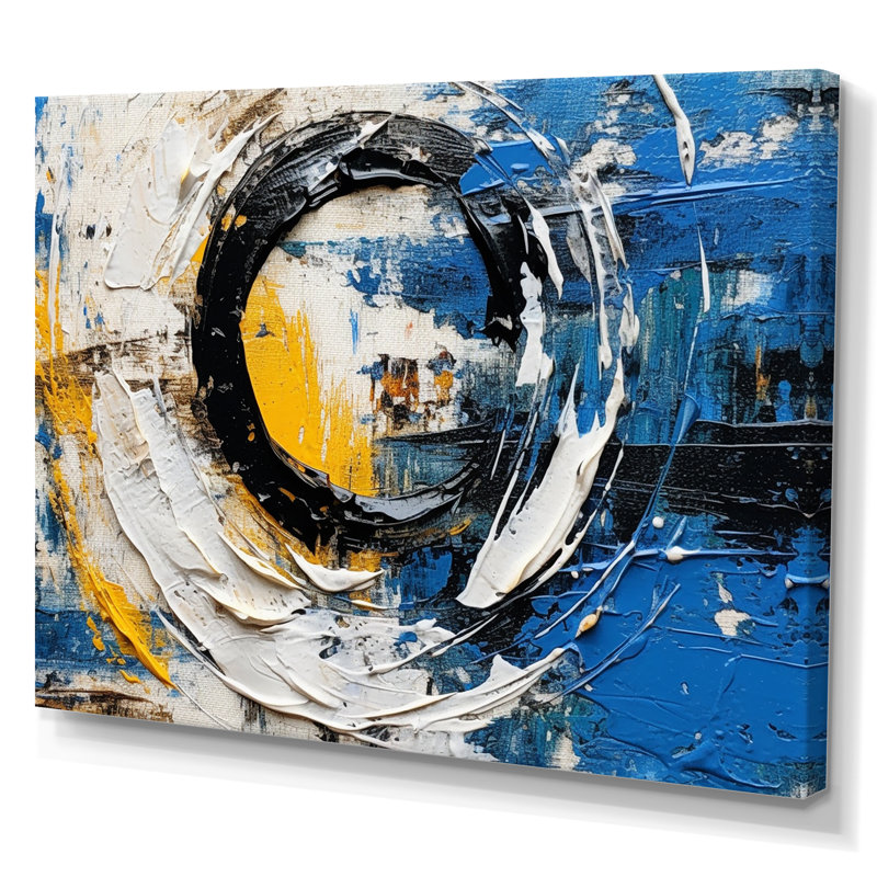 Fusion cubiste bleue et blanche sur toile, Toile tendue, H 34 po x l 44 po x P 1,5 po