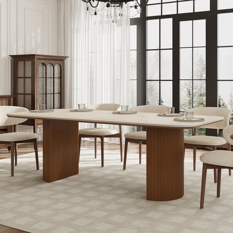 78'' Modern Rectangle Dining Table, Beige Sintered Stone and Wood Tabletop, High Quality Wood Double Fluted Pedestal