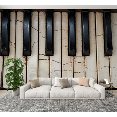 Music Peel and Stick Wallpaper Music Music Themed Aged Ivory Piano Keys Worn Piano Keys Black White Wall Murals 100"H x 144"W Removable PVC Wall Paper Self-Adhesive Wall Decor for Bedroom Living Room Home Office