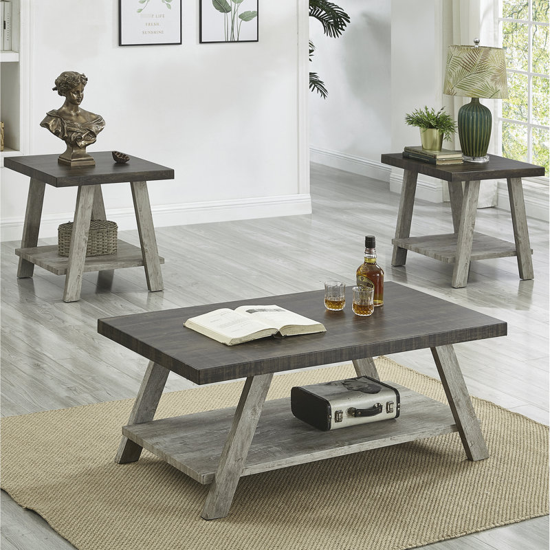 3 tables basses avec tablette en bois de style contemporain gris et noyer vieilli, Espresso, Grey