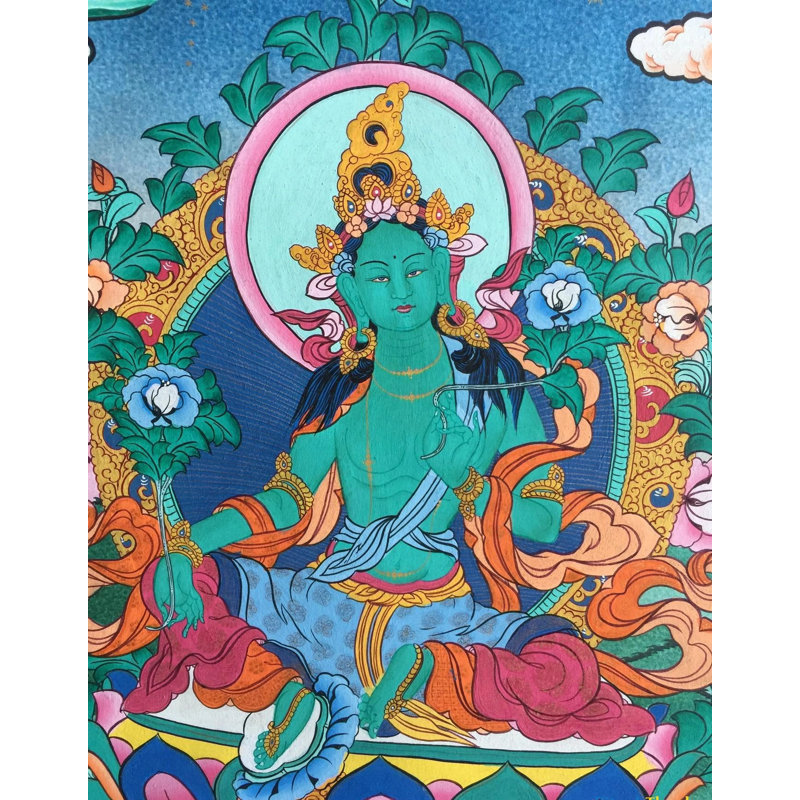 Tara Thangka vert assis (sans brocart) | Or 24 carats, gouache et acrylique sur toile de coton