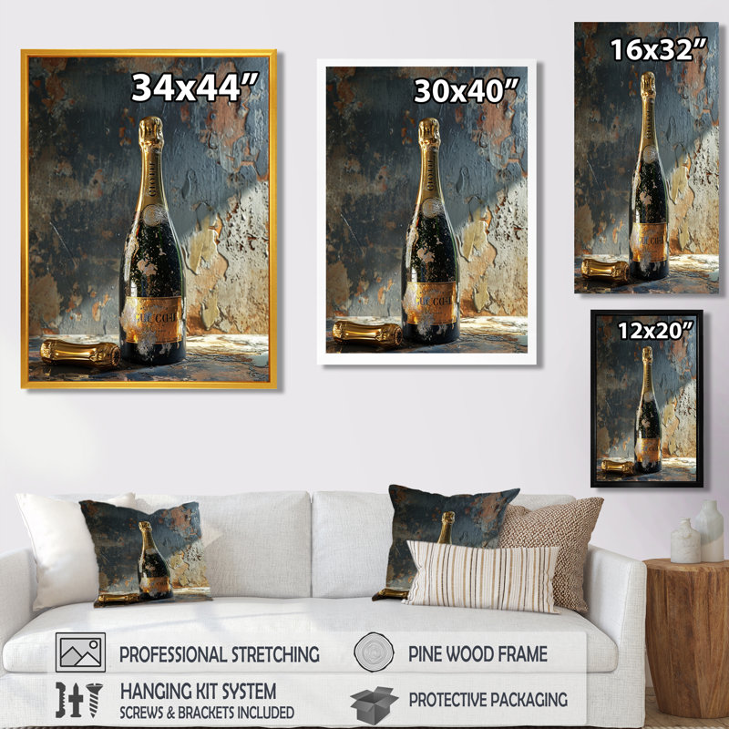 Décoration murale rétro «Glam Champagne» - vin et champagne, Toile avec cadre flottant noir, H 20 po x l 12 po x P 1 po