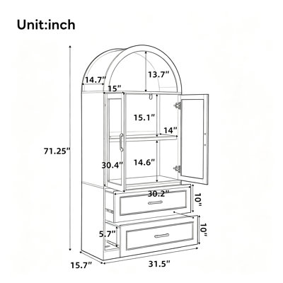 Modern Minimalist Arched Top Storage Cabinet with Tempered Glass Doors, Fixed 2-Tier Shelves, 2 Large Drawers, Soft Close Hinges & Exquisite Metal Handles, White