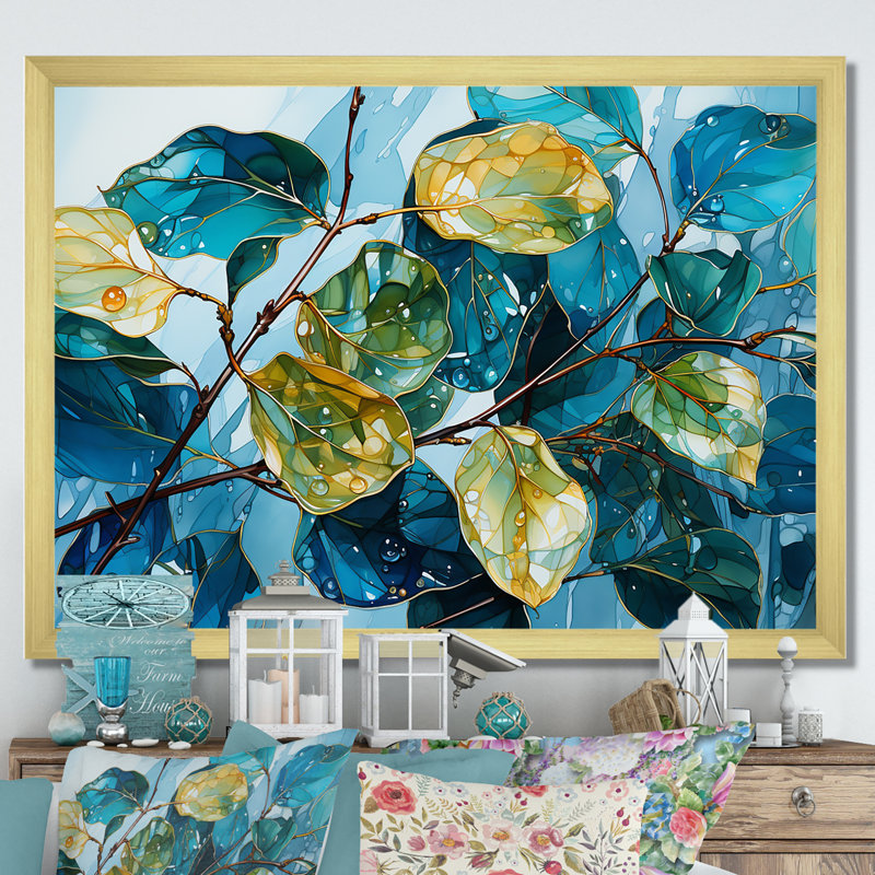 Feuilles charmantes, harmonie liquide sur toile, Cadre doré simple, H 34 po x l 44 po x P 1,5 po