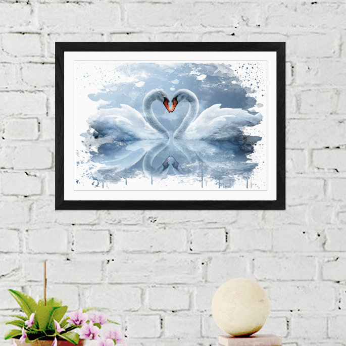 White Swan Love Heart Lake - Wall Art, 45cm H x 62cm W, Framed Picture