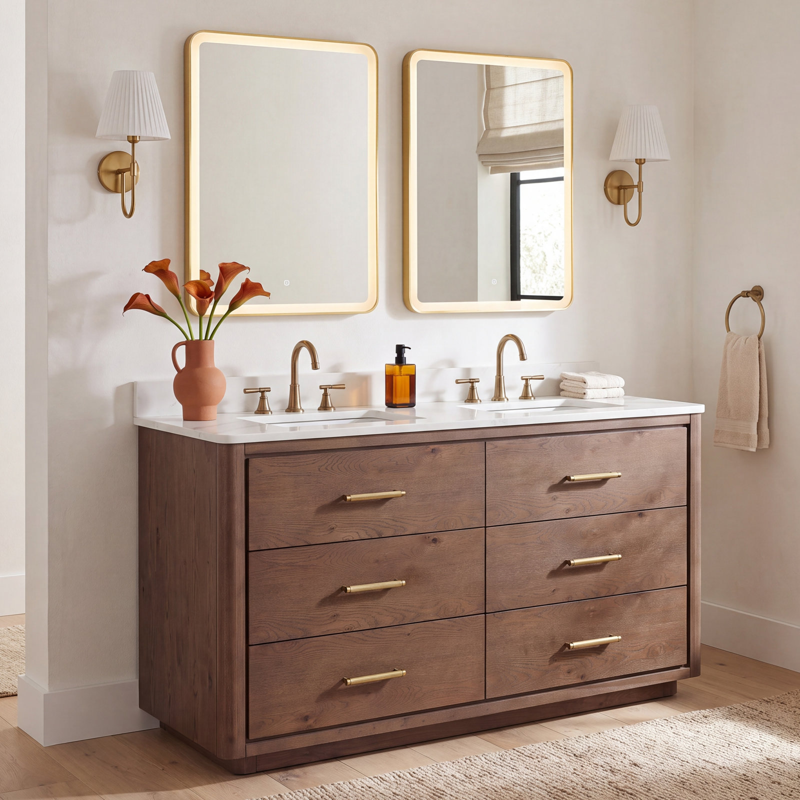 Porto 60'' Double Bathroom Vanity, Dark Brown Oak, Gold