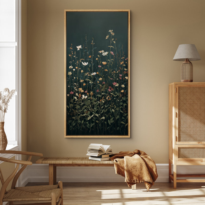 Wildflower Meadow - Élégant champ floral multicolore sur fond vert foncé - Reproduction d'art murale sur toile encadrée