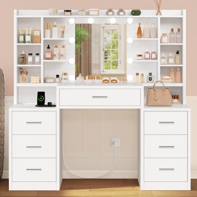 Makeup Vanity with Led Mirror, Vanity Desk With 7 Drawers and 8 Storage Shelves, For Bedroom