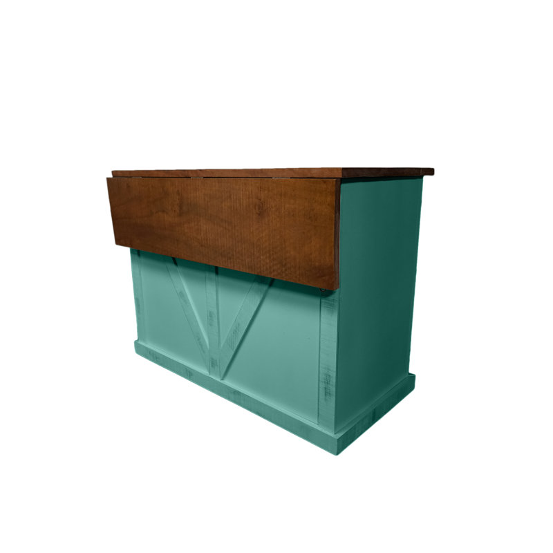 Farmhouse 60" Solid Wood Kicthen Island with trash bin compartment and Drop Leaf, Aqua Fiesta