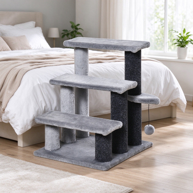 3-Step Pet Stairs with Scratching Posts, Platforms & Toy Ball, Grey