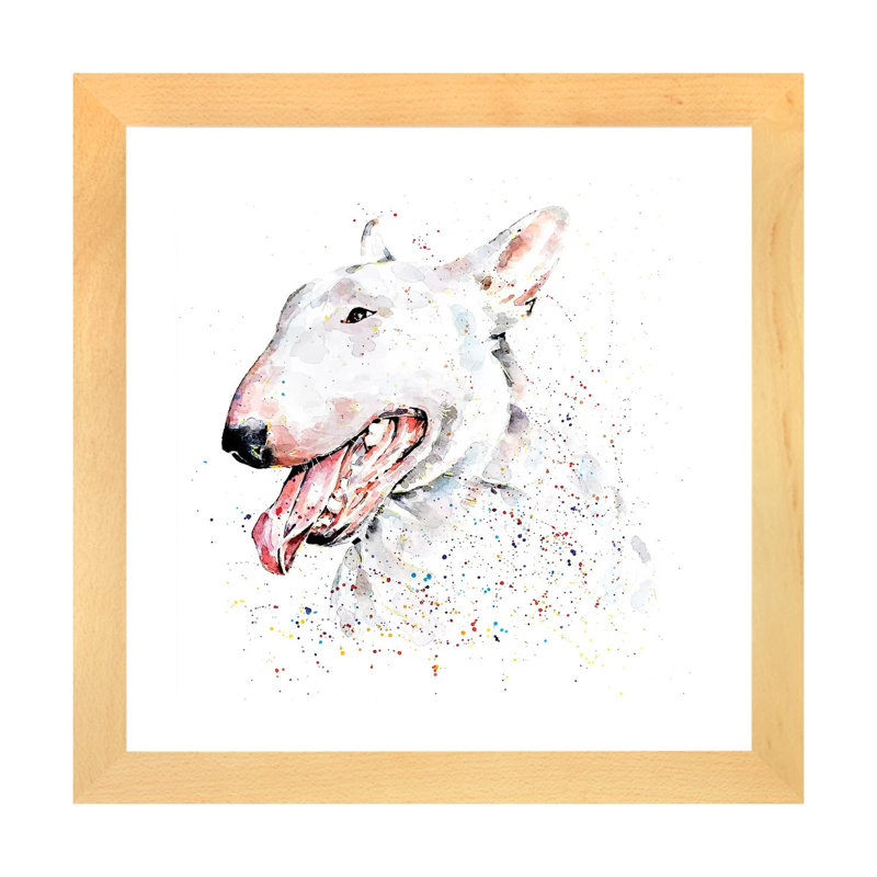 Bull terrier blanc par Edwatercolours-impression, Toile avec cadre en bois beige, Blanc, H 24 po x l 24 po x p 1 po